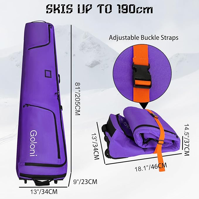 Goloni Ski Bag with Wheels,Padded Snowboard Bag for Air Travel,600D Waterproof Fabric,Foldable Snow Bag Fits 2 Pairs Skis