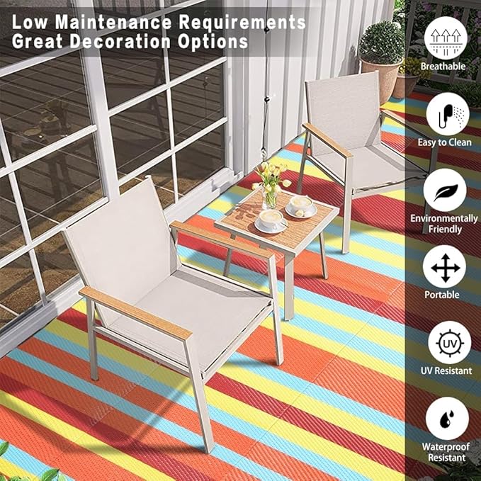 Outdoor Waterproof Rug 6'x9' Plastic Straw Rugs Washable Reversible Floor Mat Rainbow Stripe Carpet for Camping RV Deck Entryance Porch Picnic Balcony Beach Backyard