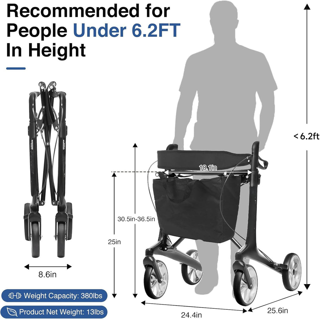 Ultralight Carbon Fiber Rollator Walkers for Seniors Lightweight at Only 12lbs, Folding Rolling Walker with Lowered Seat, Organizer Bag and 8'' Wheels