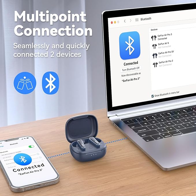 EarFun Air Pro 3 Noise Cancelling Wireless Earbuds, Qualcomm® aptX™ Adaptive Sound, 6 Mics CVC 8.0 ENC, Bluetooth 5.3 Earbuds, Multipoint Connection, 45H Playtime, App Customize EQ, Blue