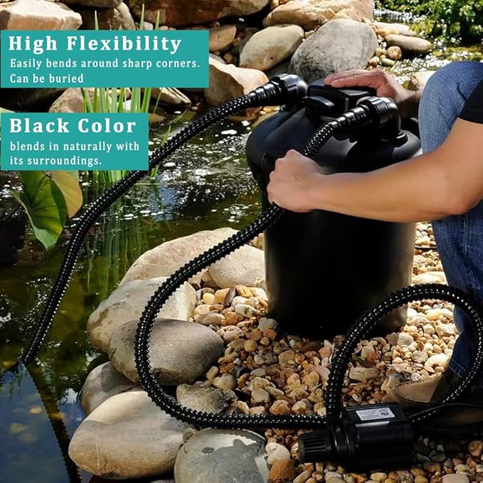 Black Vinyl Tubing ID 3/4” × 10ft Pond hose Corrugated Flexible Reinforced PVC Hose for Pond Pump Fountain Garden Waterfall, Non-toxic & Kinkproof, with 2 clamps