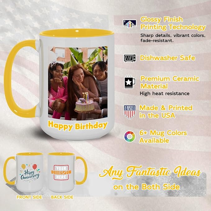 Ship Next Day Custom Mug Design Your Own Photo Text Personalized Picture Gifts for Women Men Customized Gifts Idea Personalized Coffee Mugs 15oz Yellow Handle