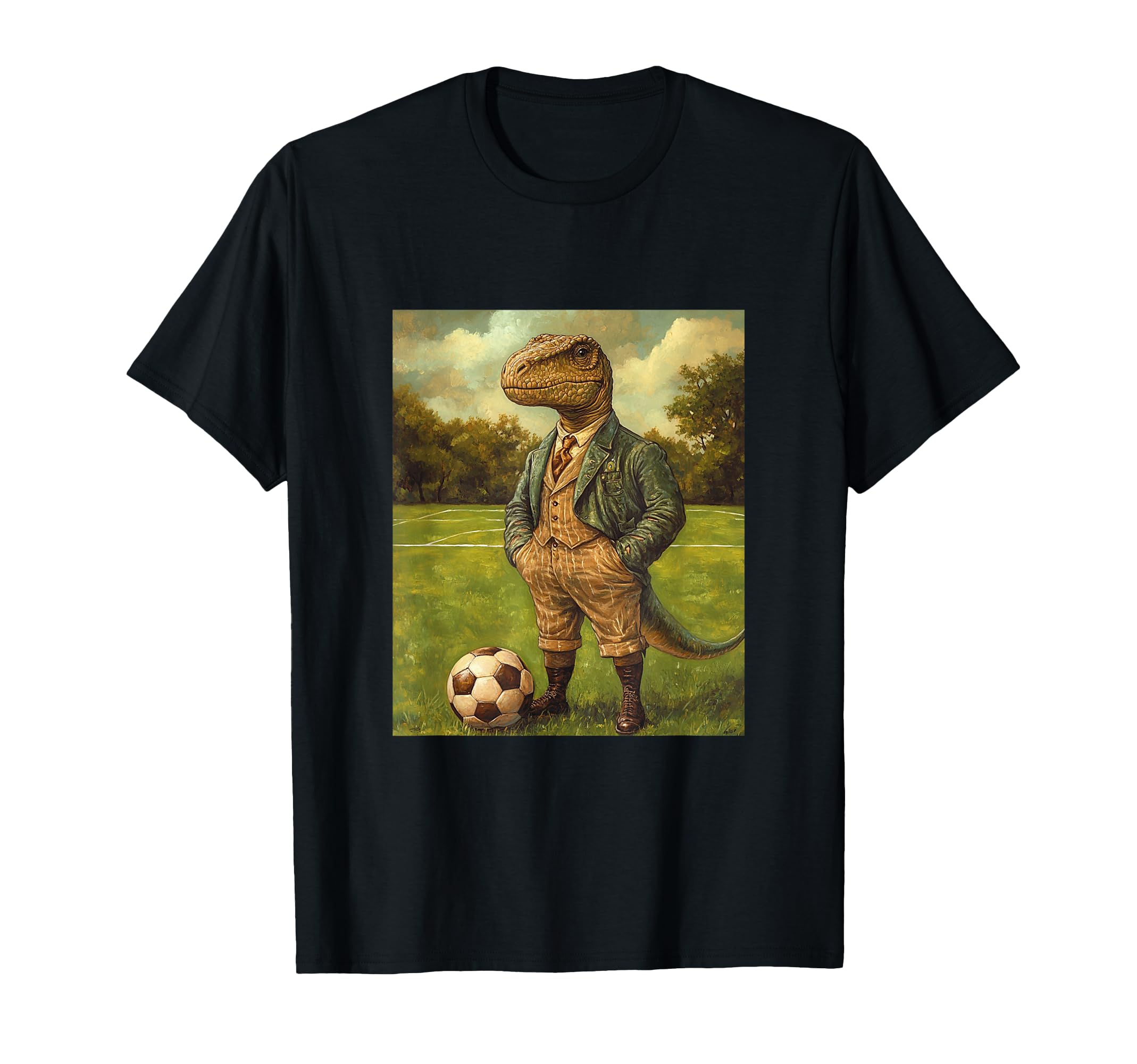 Funny T Rex Dinosaur Playing Soccer T-Shirt - Graphic Print for Adults