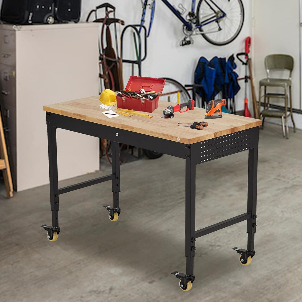 48'' Adjustable Workbench, Heavy Duty Workbench with Power Outlet and Lockable Wheels, 2000 LBS Capacity, Work Table Suitable for Office, Garage, Workshop