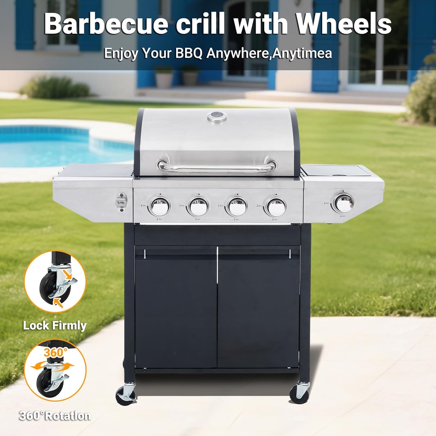 Endark 4-burner propane gas grill | Stainless steel construction | Dual side racks and wheels | Designed for patio, garden, and backyard cooking