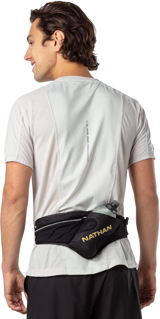 Nathan Peak Running Hydration Waist Pack Belt w/ Speed Draw Flask Water Bottle, 18oz/535 ml Push/Pull Race Cap, Expandable Zippered Stretch Pocket