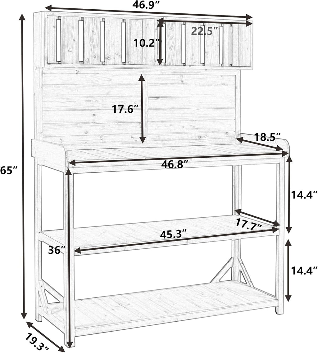 Merax 65" Large Wooden Farmhouse Rustic Outdoor Potting Bench Table with 4 Storage Shelves and Side Hook, Patio Workstation, for Garden, Backyard, Natural