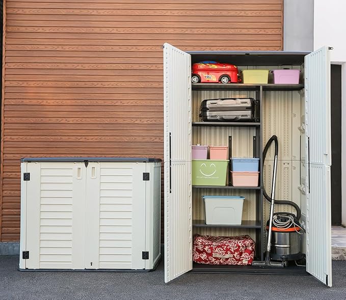 KINYING Outdoor Storage Cabinet Waterproof, Resin Vertical Outdoor Storage Shed for Patio Furniture, Garden Tools, Pool Accessories, Mower Storage (66 Cu.ft, Off White)