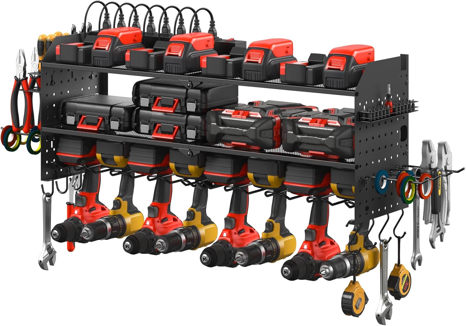 JUNNUJ Large Pegboard Power Tool Organizer with Charging Station, 8 Drills Driver and Tools Battery Holder Wall Mount with 8 Outlet 10 FT Power Strip, Black 3-Layer Shop Garage Storage Utility Rack