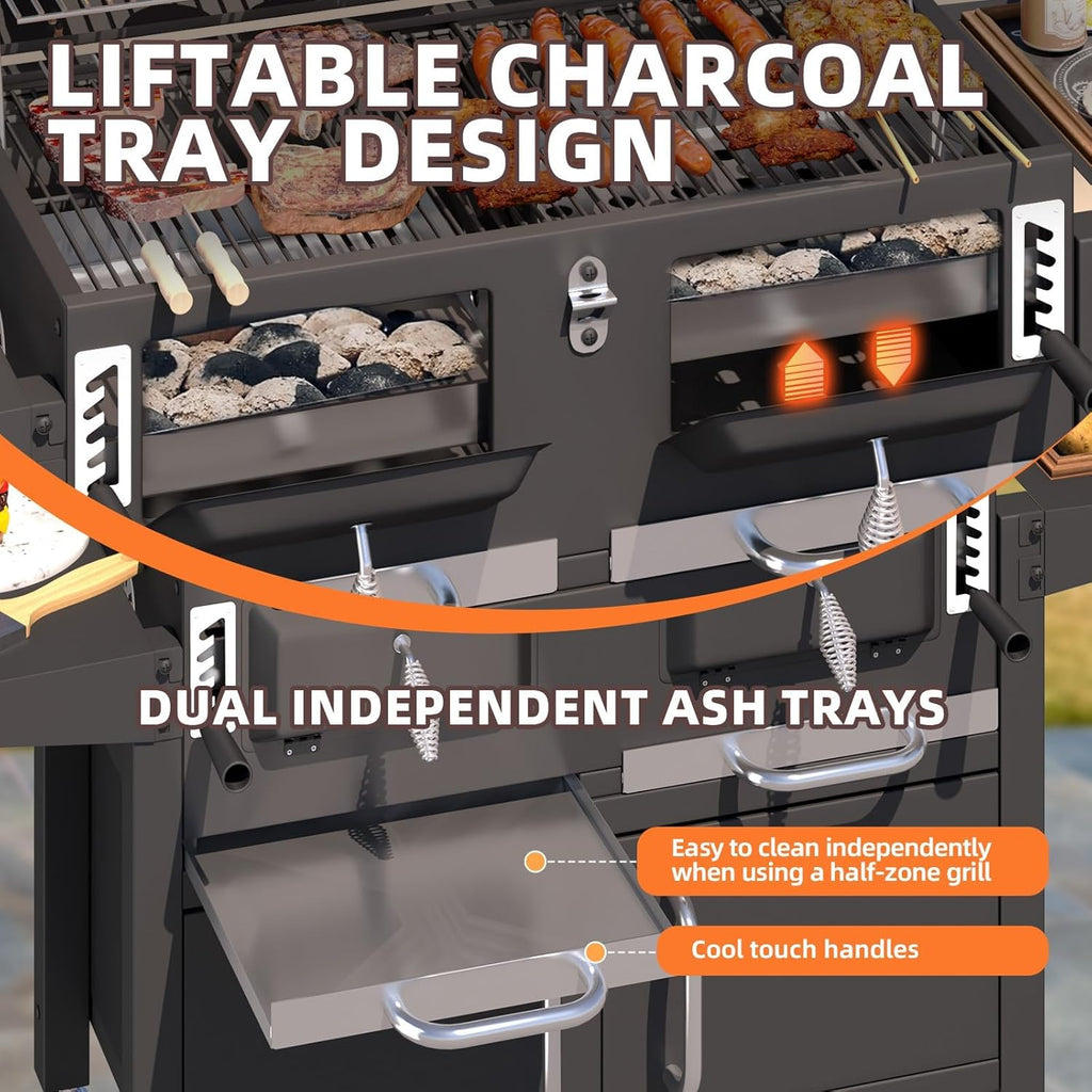 MELLCOM 36 In Extra Large Charcoal Grill - 620 Sq.In Oversized BBQ Area with Storage Cabinet & Individual Lifting Charcoal Trays, Thermometer and Foldable Side Tables for Outdoor