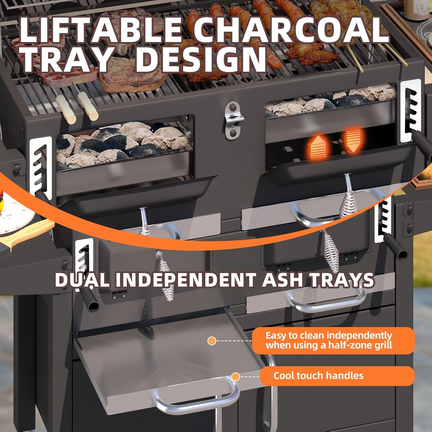 MELLCOM 36 In Extra Large Charcoal Grill - 620 Sq.In Oversized BBQ Area with Storage Cabinet & Individual Lifting Charcoal Trays, Thermometer and Foldable Side Tables for Outdoor