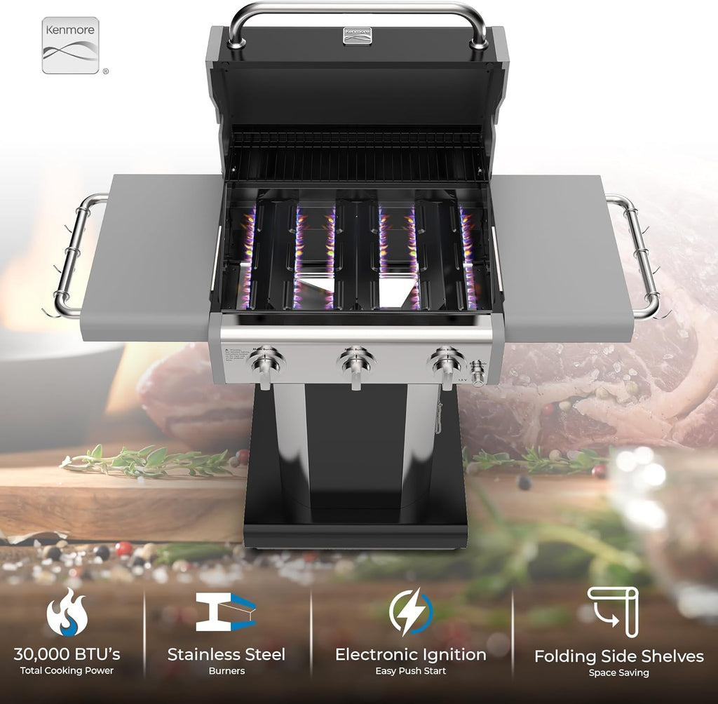 Kenmore 3-Burner Propane BBQ Grill, 30,000 BTUs Gas Grill with Cast Iron Cooking Grates, Folding Side Tables & Wheels, Outdoor Grill with Tool Hooks, Black