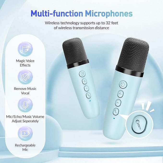 Karaoke Machine, Portable Bluetooth Speaker with 2 Wireless Microphones for Kids, Karaoke Toys Gifts Toys for Girls Boys Family Home Party (Blue)