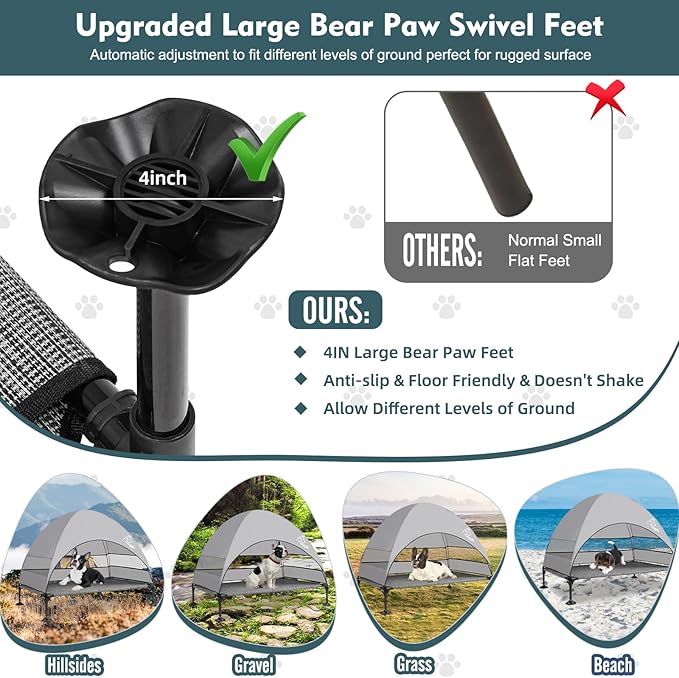 Upgraded Elevated Dog Bed with Canopy, Portable Raised Outdoor Dog Bed with Stable Anti-Slip Feet, Wider Shade Pet Bed Cot, Raised Dog Beds for Large Dogs Camping, Indoor & Outdoor Use