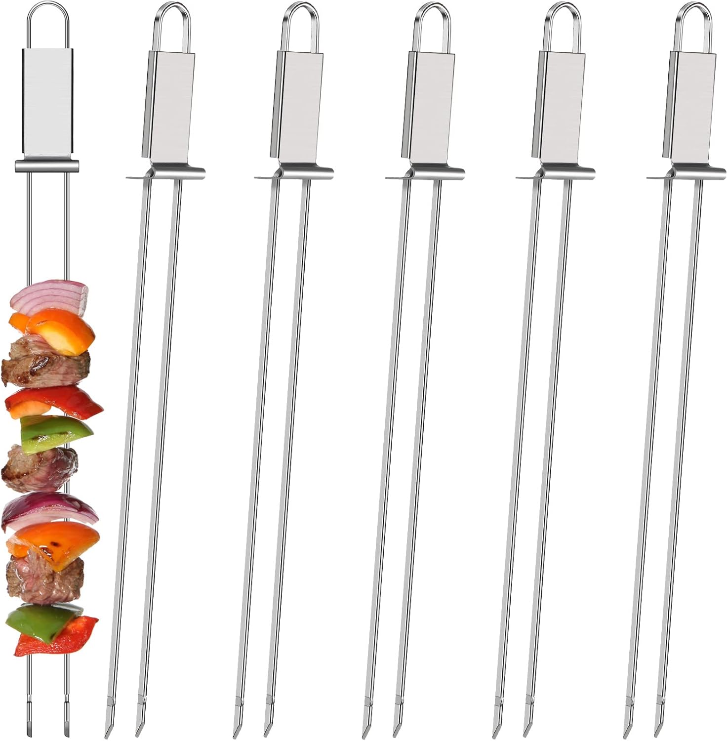 Lallisa Kabob Skewer for Grilling, Metal Stainless Steel BBQ Stick with Push Bar, Double Pronged Kebab Tool Quick Release Meat, Chicken, Vegetable and Fruit (6 Pieces), 2.8 x 32.5 cm/ 1.1 12.8 inch