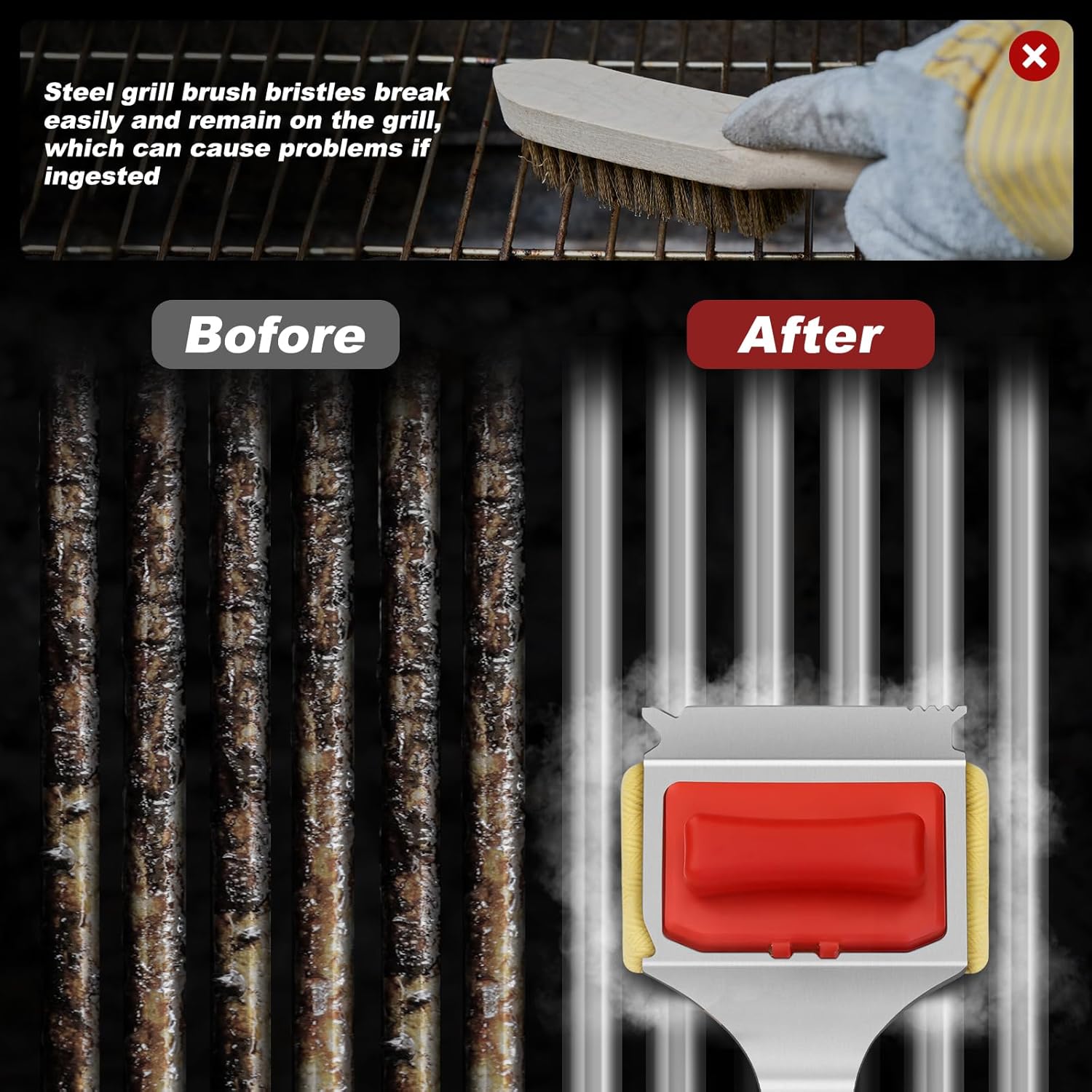 Steam Safe Grill Cleaning Brush Bristle Free and Scraper for Outdoor Grill with 15" Extended Handle, 3X Thick Aramid Fabric Replaceable Brush Heads, Triple-Groove Scraper Design for All Grates, Red