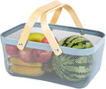 Portable Mesh Harvest Basket - Natural Bamboo Handle Foldable Organizer for Kitchen, Garden & Picnic | Ventilated Storage Bin with Rust-Proof Wire, Space-Saving Farmhouse Decor (Blue)