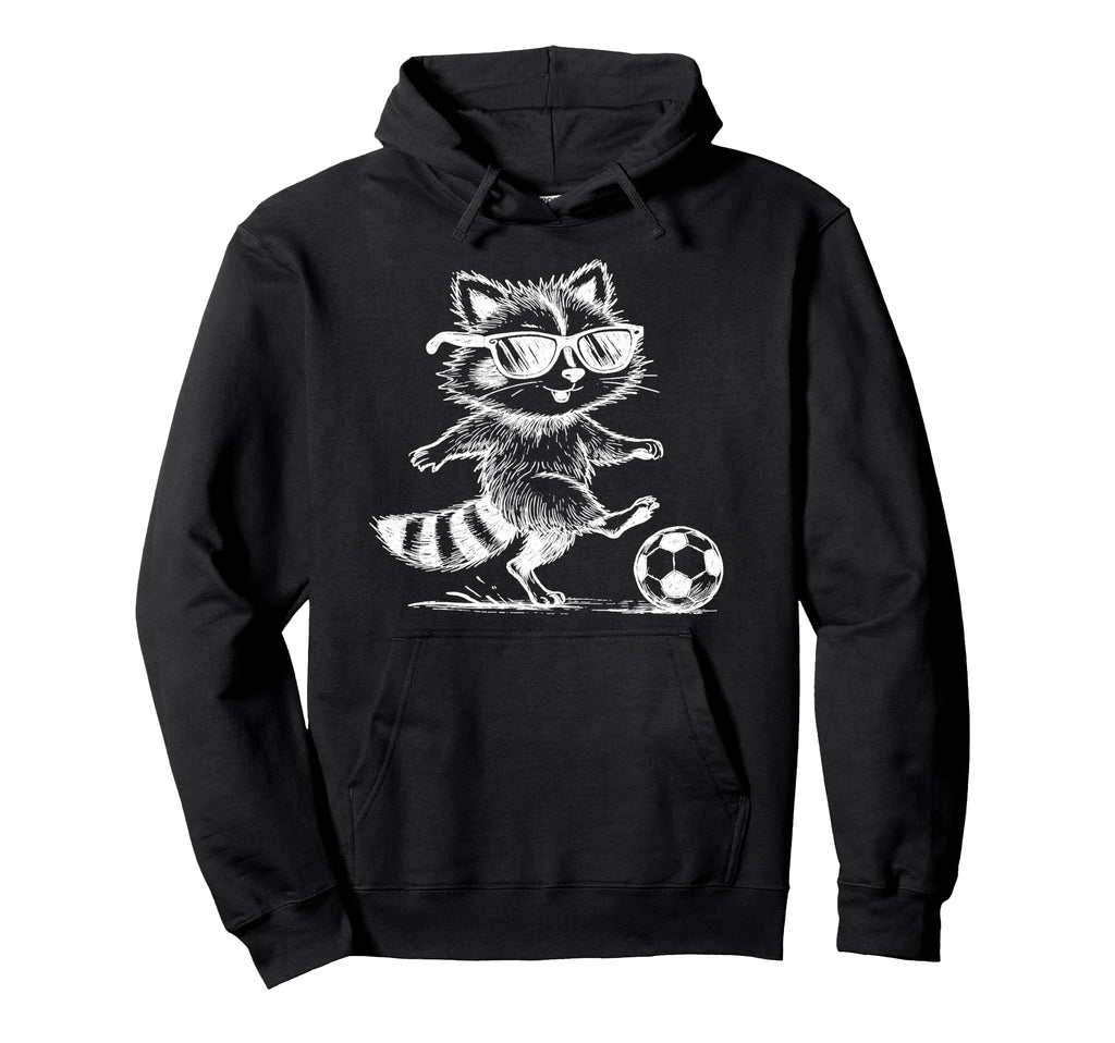 Raccoon Soccer Player Sunglasses Fun Hoodie - Graphic Print for Adults