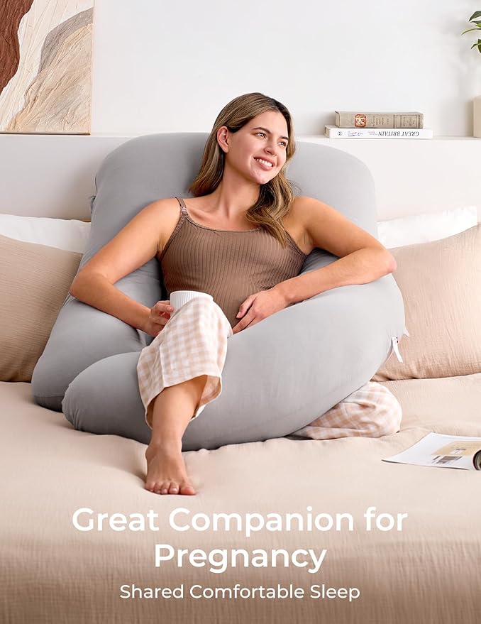 Momcozy Pregnancy Pillows for Sleeping, U Shaped Full Body Pillow for Pregnancy Women with Removable Jersey Cotton Cover, 57 Inch Maternity Pillow, Grey