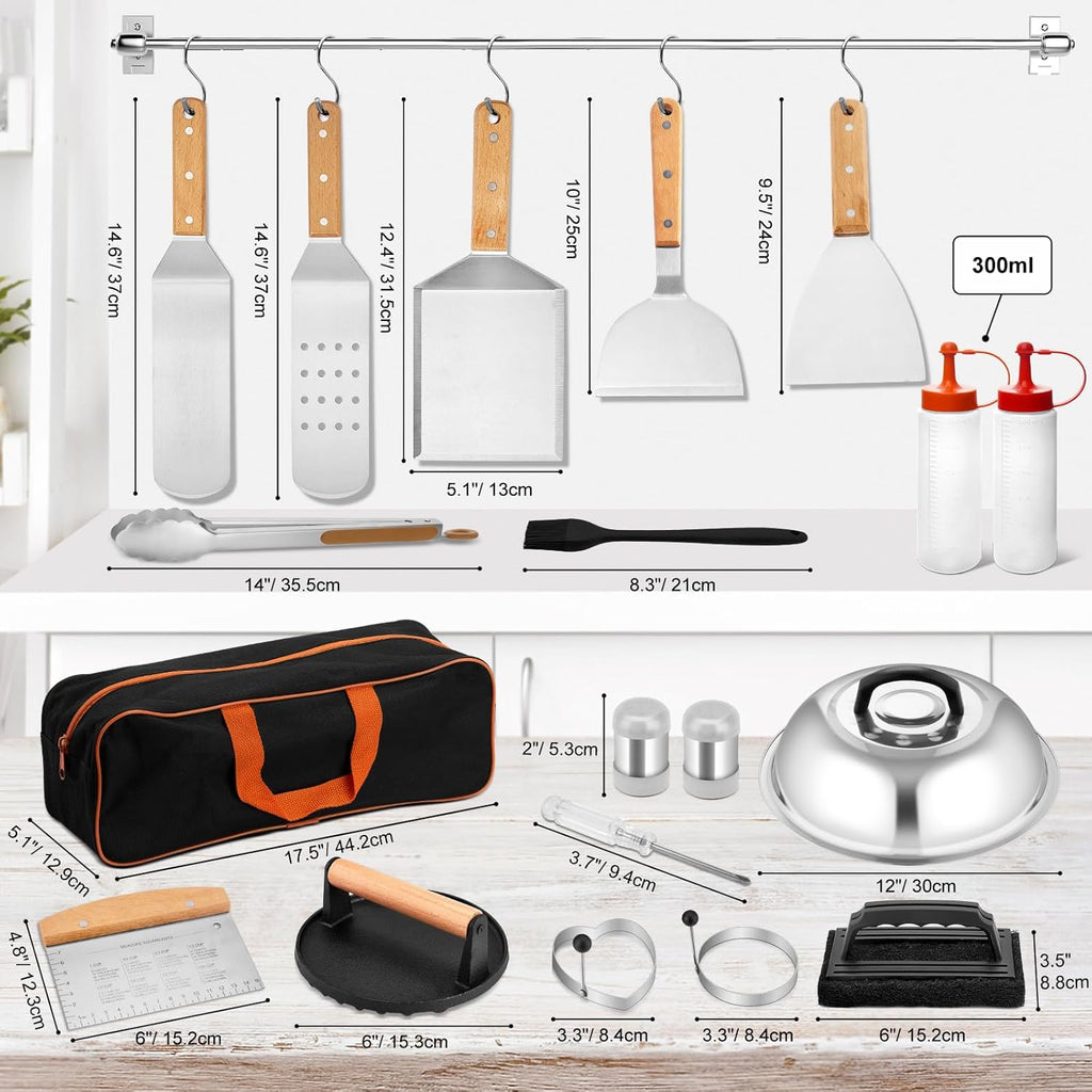 Griddle Accessories Set of 25, Leonyo Flat Top Grill Accessories, Professional BBQ Tool with Enlarged Spatulas Scraper, Basting Cover, Smash Burger Press, Carry Bag for Outdoor Barbecue, Wood Handle