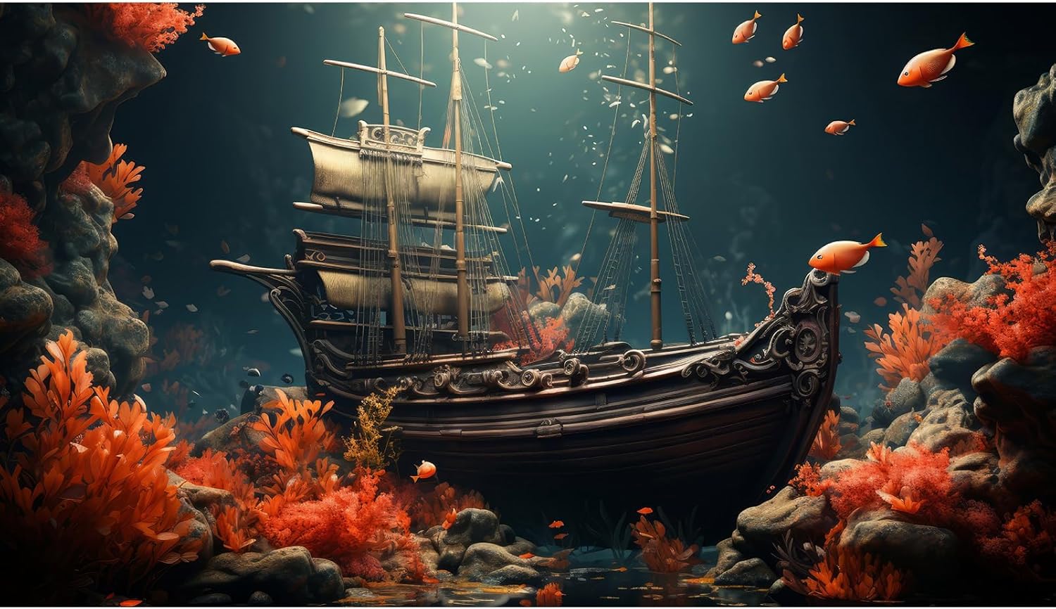 Pirate Shipwreck Aquarium Background Under The Sea Coral Reefs Fish Tank Background Underwater Sunken Ship Landscape Terrarium Background Tropical Sea Marine Life Aquarium Tank Background 60x24in