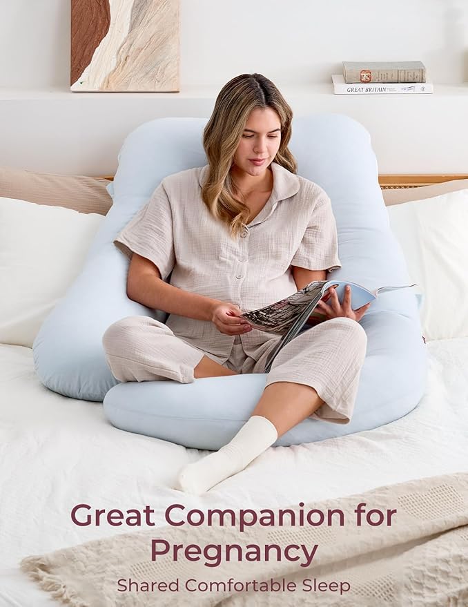 Momcozy Pregnancy Pillows for Sleeping, U Shaped Full Body Pillow 57 Inch for Pregnant Women with Back, Hip, Leg, Belly Support, Washable Jersey Cotton Cover Included, Light Blue