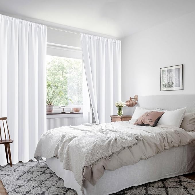 XWZO White Blackout Curtains with Tiebacks - Heat and Full Light Blocking Window Panels for Bedroom/Nursery, 63 Inches Long Rod Pocket Thermal Insulated Draperies, White, W38 x L63, Set of 2