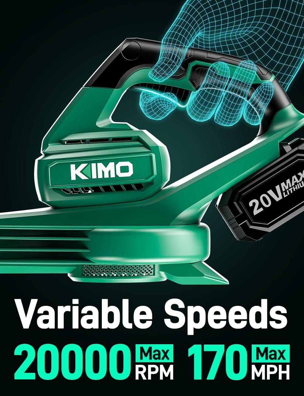 KIMO Leaf Blower Cordless with Battery and Charger, 2 Pack Batteries, Extension Tube, 20000 RPM Variable Speed, Lightweight Cordless Leaf Blower, Battery Operated Leaf Blowers for Lawn Care and Patio