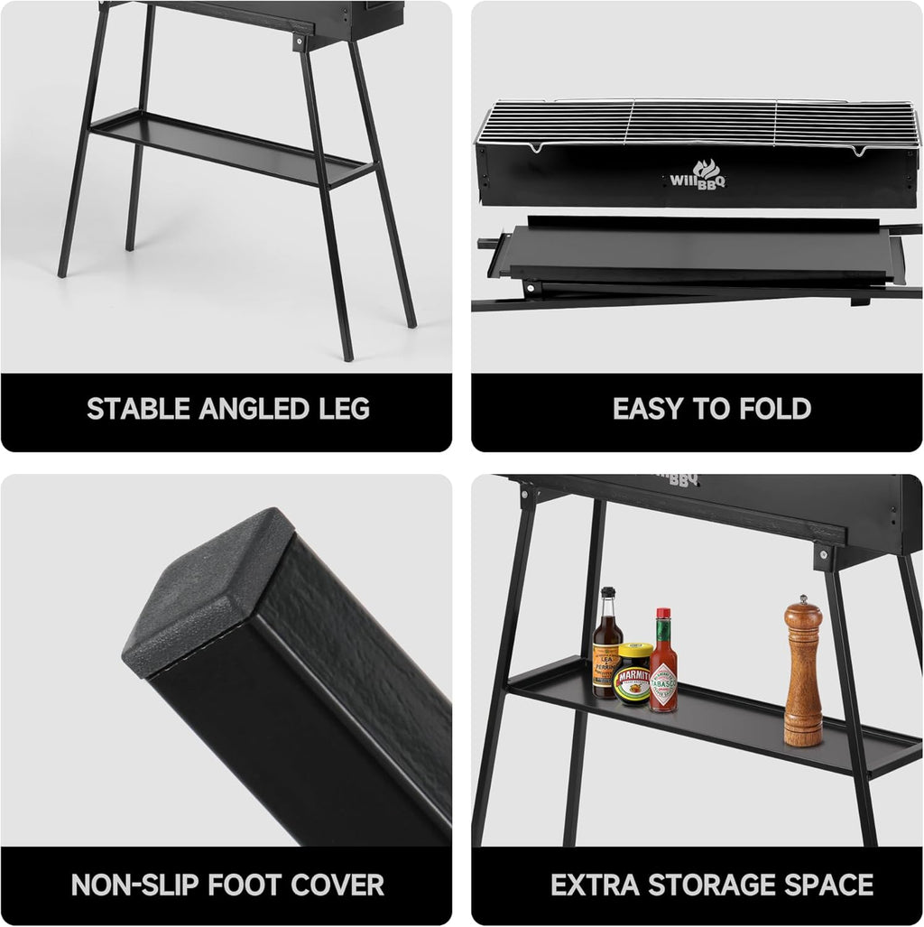 Charcoal Grills Commercial Quality Portable Multiple Size Hibachi BBQ Lamb Skewer Folded Camping Barbecue Grill for Backyard Party Picnic Use(31.6x7.1x5.1 inch With Accessories),BLACK