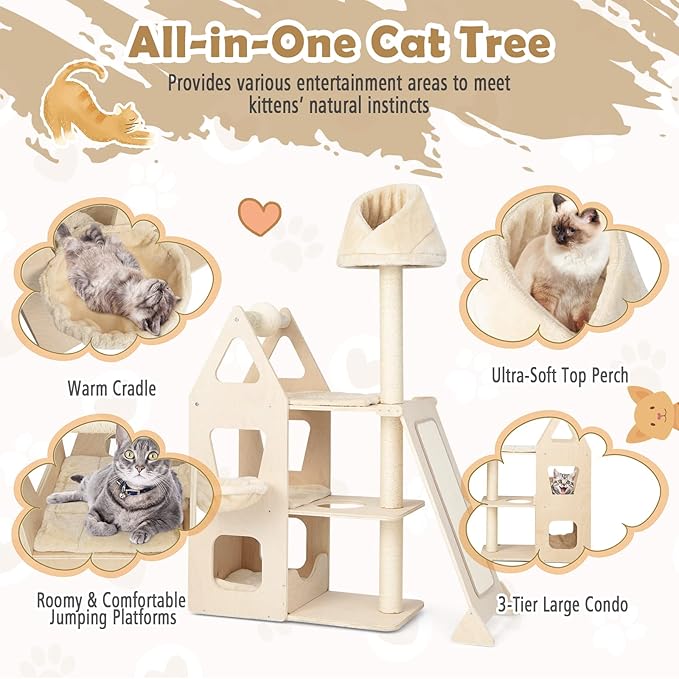 Tangkula Modern Wood Cat Tree for Indoor Cats, 64 Inch Multi-Level Tall Cat Tree with Scratching Rotatable Ball & Posts, Sisal Ramp, Hanging Basket, Large Cat Tower with Plush Perch, Washable Mats