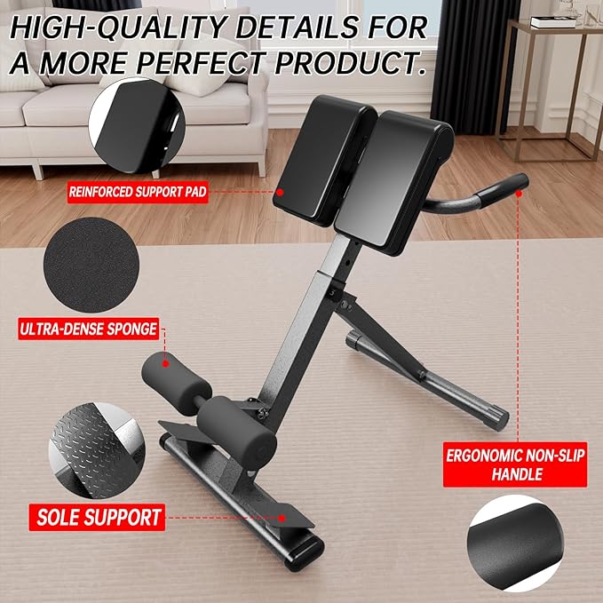 Roman Chair Hyperextension Bench – Adjustable Back Extension Machine for Glutes, Hamstrings & Lower Back – Foldable Multi-Purpose Workout Equipment for Home Gym