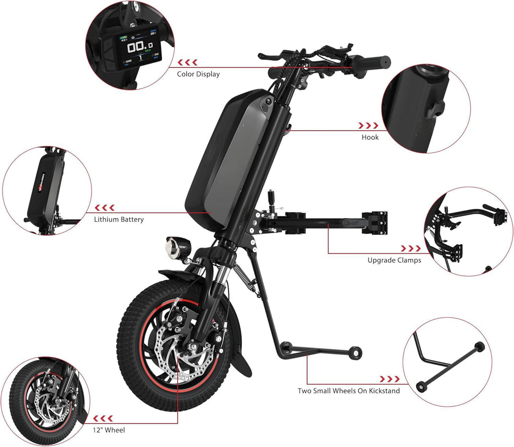 Electric Handcycle Wheelchair Attachment for Upgrading Manual Wheelchair to Electric Wheelchair, 31 Miles Travel Range, 36V 500W, Suitable for 0.87-1.3 inch Tube Diameter, Side Connection, Black, Size: 10.4 Ah
