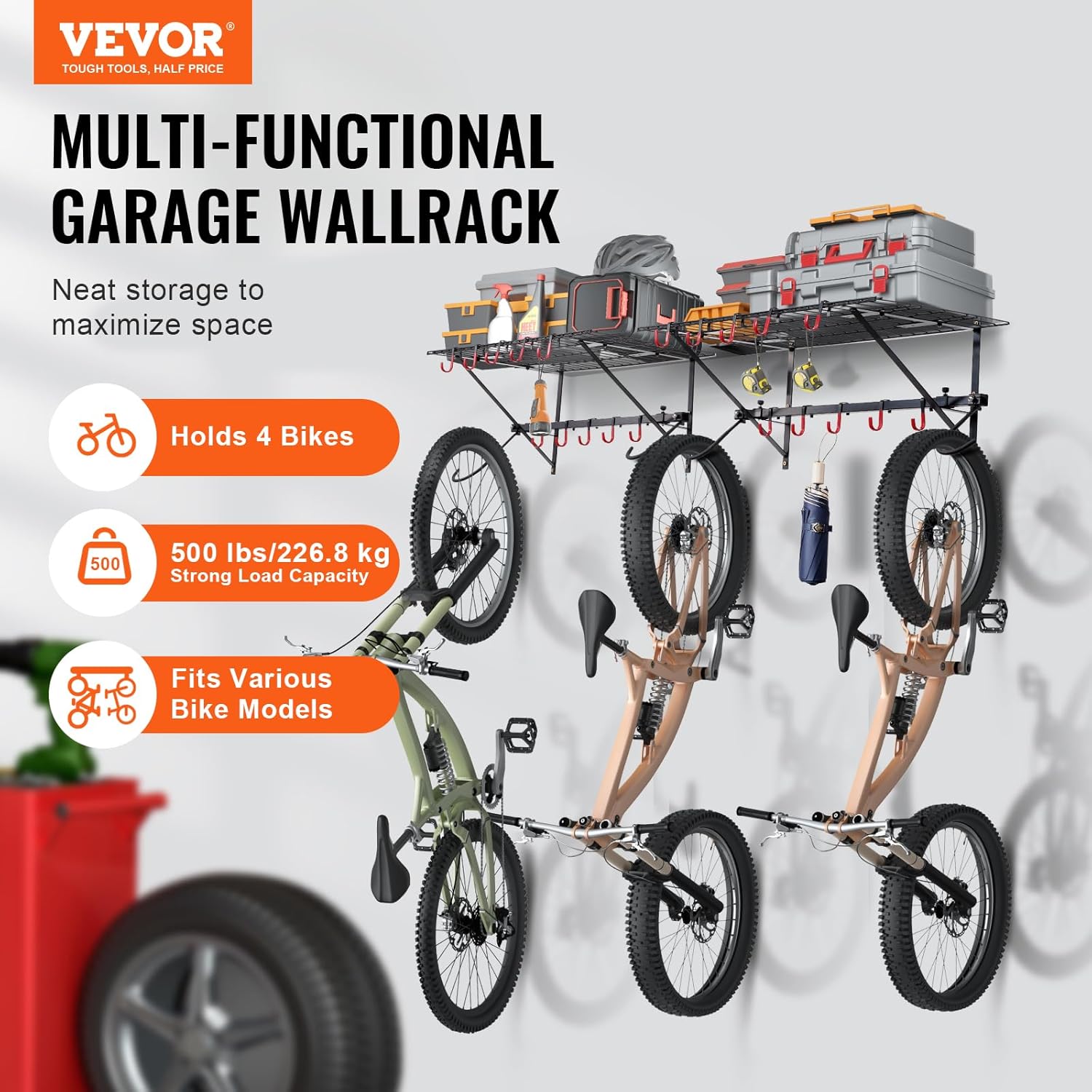 VEVOR Bike Storage Rack, 4 Bike Racks, Wall Mount Bike Storage Hanger with 2 Shelves, Home and Garage Organizer, Customizable for Various Bike Sizes, Adjustable Holder, Holds Up to 500 lbs, 63-inch