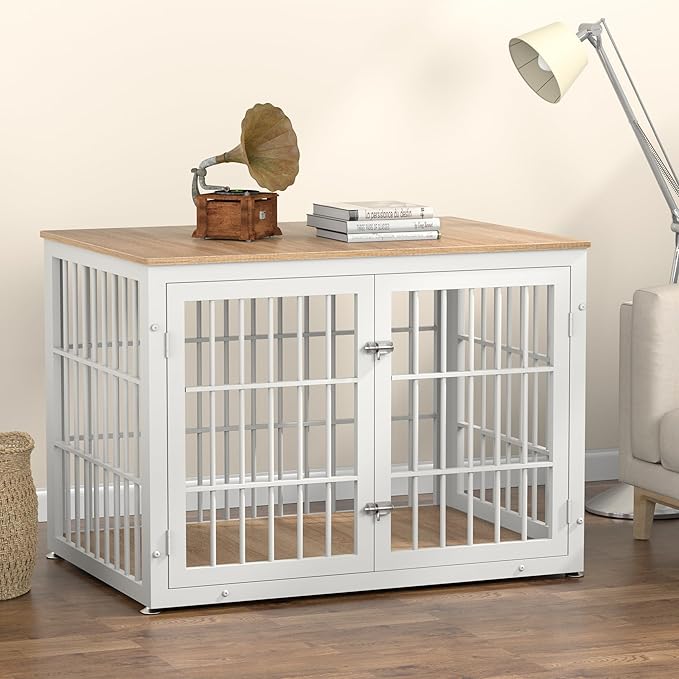 42 Inch Heavy Duty Dog Crate Furniture for Large and Medium Dogs, Decorative Pet House End Table, Wooden Cage Kennel Furniture Indoor, Natural and White