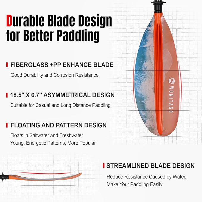Kayak Paddle Premium Carbon Fiber Paddle with Reinforced PP + Fiberglass Blade, Floating Adjustable Kayaking Oars, 3 Piece, 220-240 cm/86-94 Inches, 240-260 cm/94-102 Inches