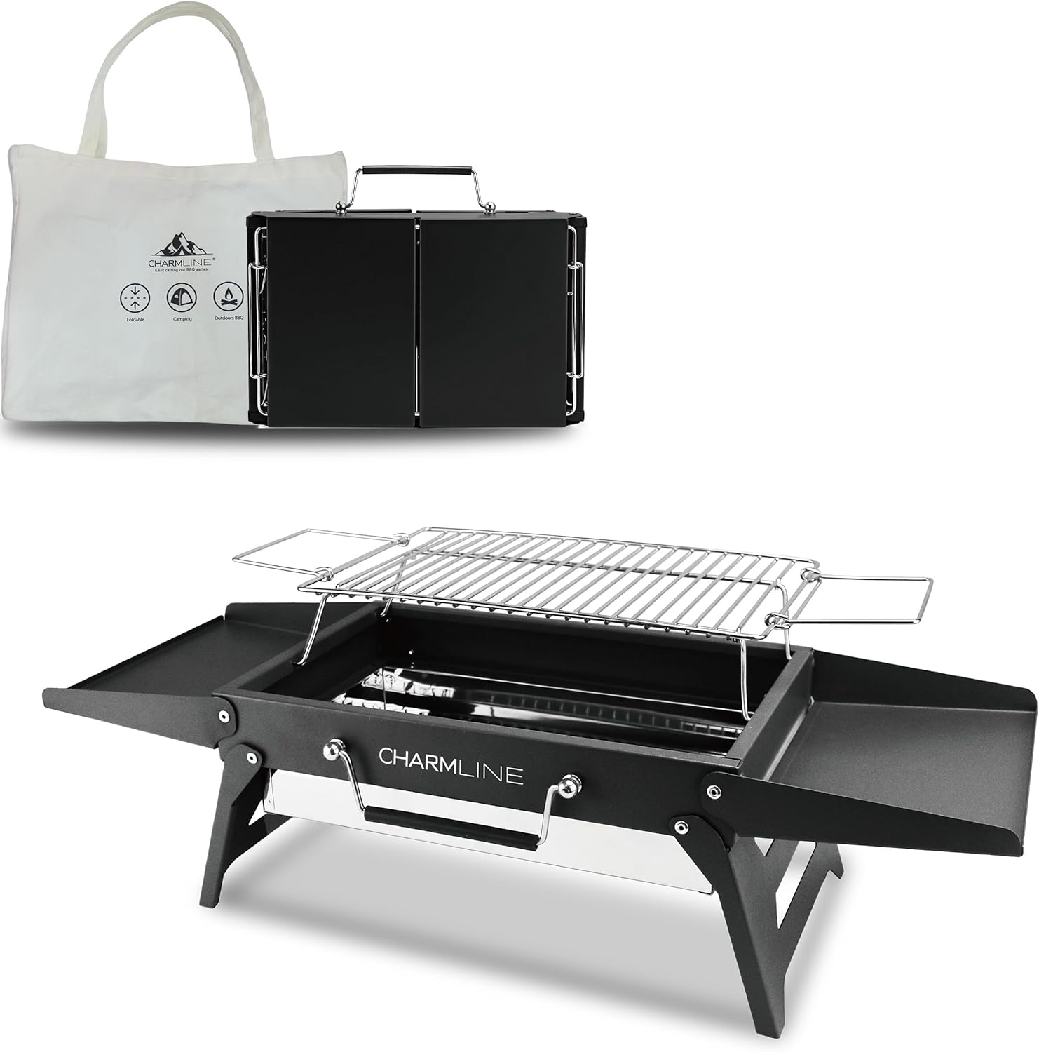 Charmline 14x9inch Foldable Portable Grill Charcoal, Compact Portable Grill for Outdoor Use, Desktop Charcoal Grill, BBQ Grill for Camping, Picnics, Gardens and Beach Parties, Green, Black