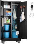 Garage Storage Cabinet with Wheels, 61.7" H Broom Closet Storage Cabinet with Hanging Rod, 5 Pegboard and 13 Hooks, Metal Cabinets with Locking Doors and 4 Shelves, Black