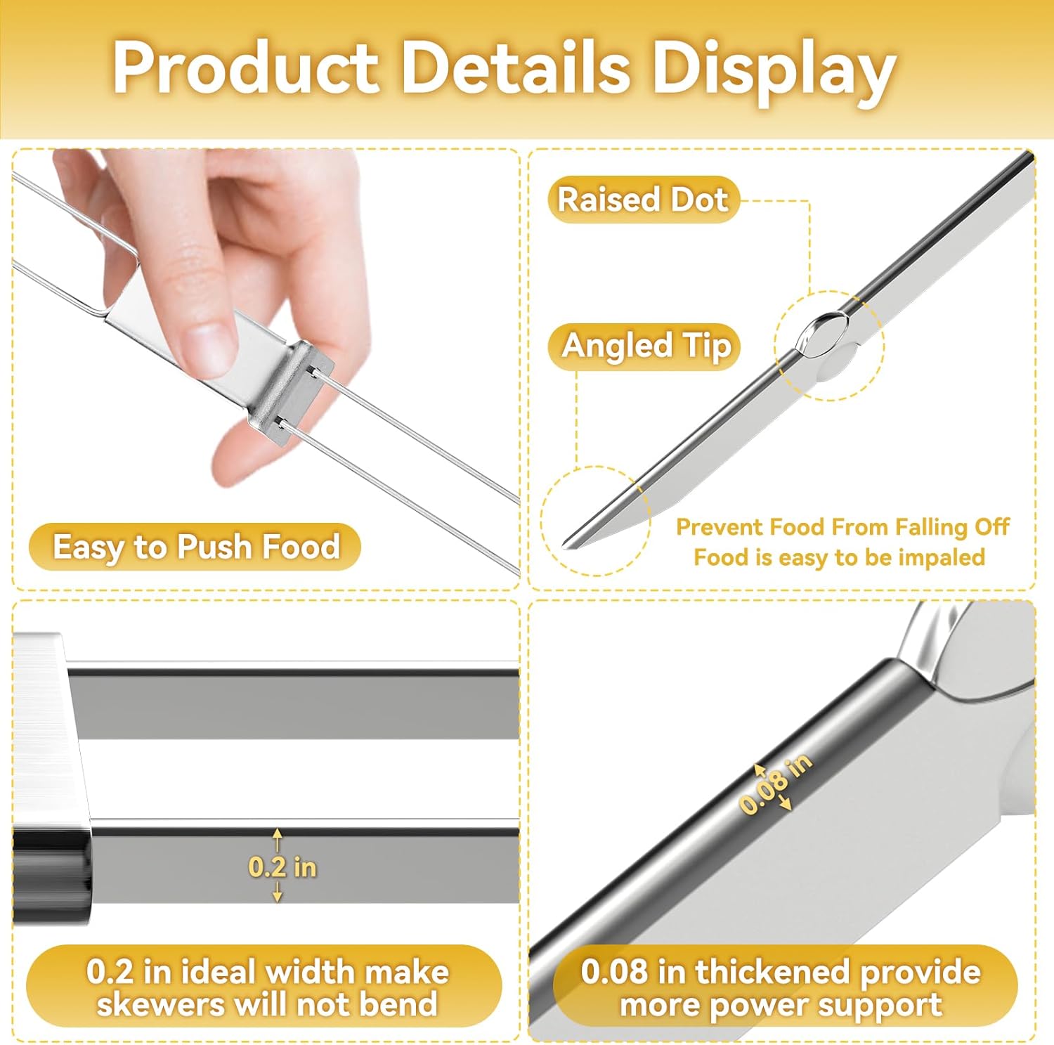 Kabob Skewers - 17" 12 Pack Metal Skewers For Kabobs with Push Bar Double Pronged Anti-Roll Flat BBQ Skewer for Grilling Stainless Steel Reusable Kebab Skewer for Meat Shrimp Chicken Veggie