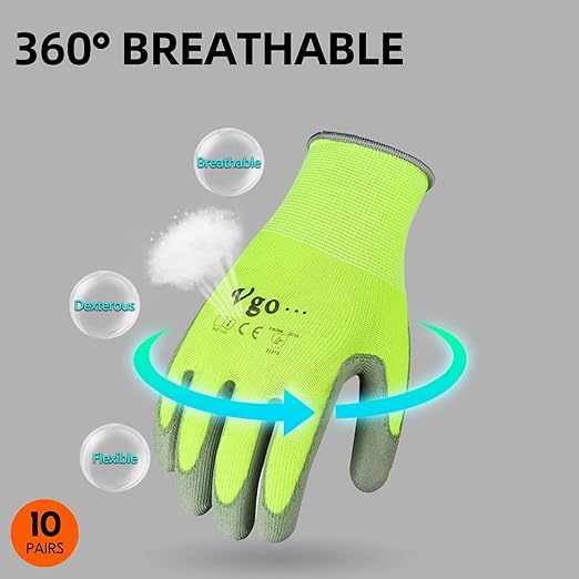 Vgo... 10-Pairs Safety Work Gloves, Gardening Gloves, Polyurethane Coated, Dipping Gloves, Latex Free (Size L, Yellow, PU2103)