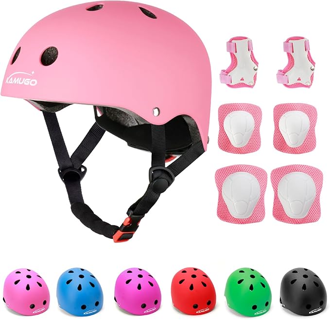 KAMUGO Kids Adjustable Helmet, with Sports Protective Gear Set Knee Elbow Wrist Pads for Toddler Age 2-8 Boys Girls, Bike Skateboard Hoverboard Scooter Rollerblading Helmet Set
