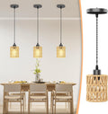 3Packs Boho Rustic Hemp Rope Pendant Light Hand-Woven Rattan Cage Basket Coastal Light Fixture Farmhouse Wicker Hanging Lighting for Kitchen Island Dining Room Bedroom