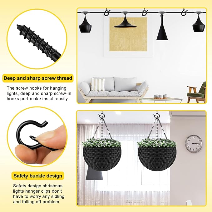 Hooks for Outdoor String Lights, Ceiling Screw Hooks with Safety Buckle Design for Hanging Plants Christmas Lights Party Led Wind Chimes, Black Q Hanger with Wing Nut Driver, 30 Pack