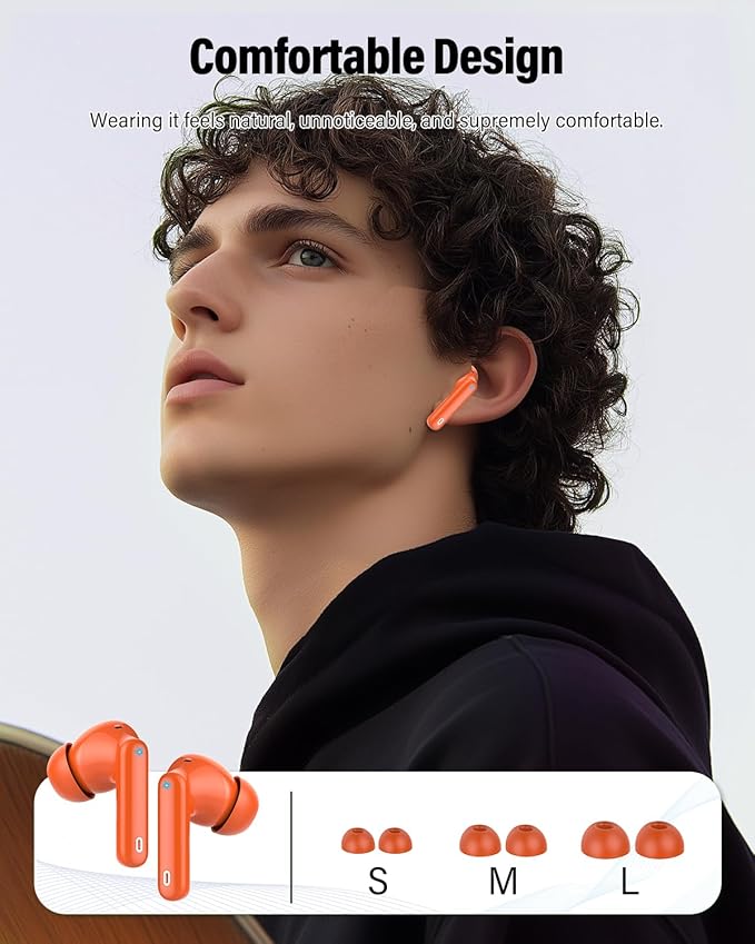 Wireless Earbuds, Bluetooth 5.4 Headphones Bass Stereo, Ear Buds with Noise Cancelling Mic, IP7 Waterproof in Ear Earphones, 36H LED Display Bluetooth Earbuds for Laptop Pad Phones Sports, Orange
