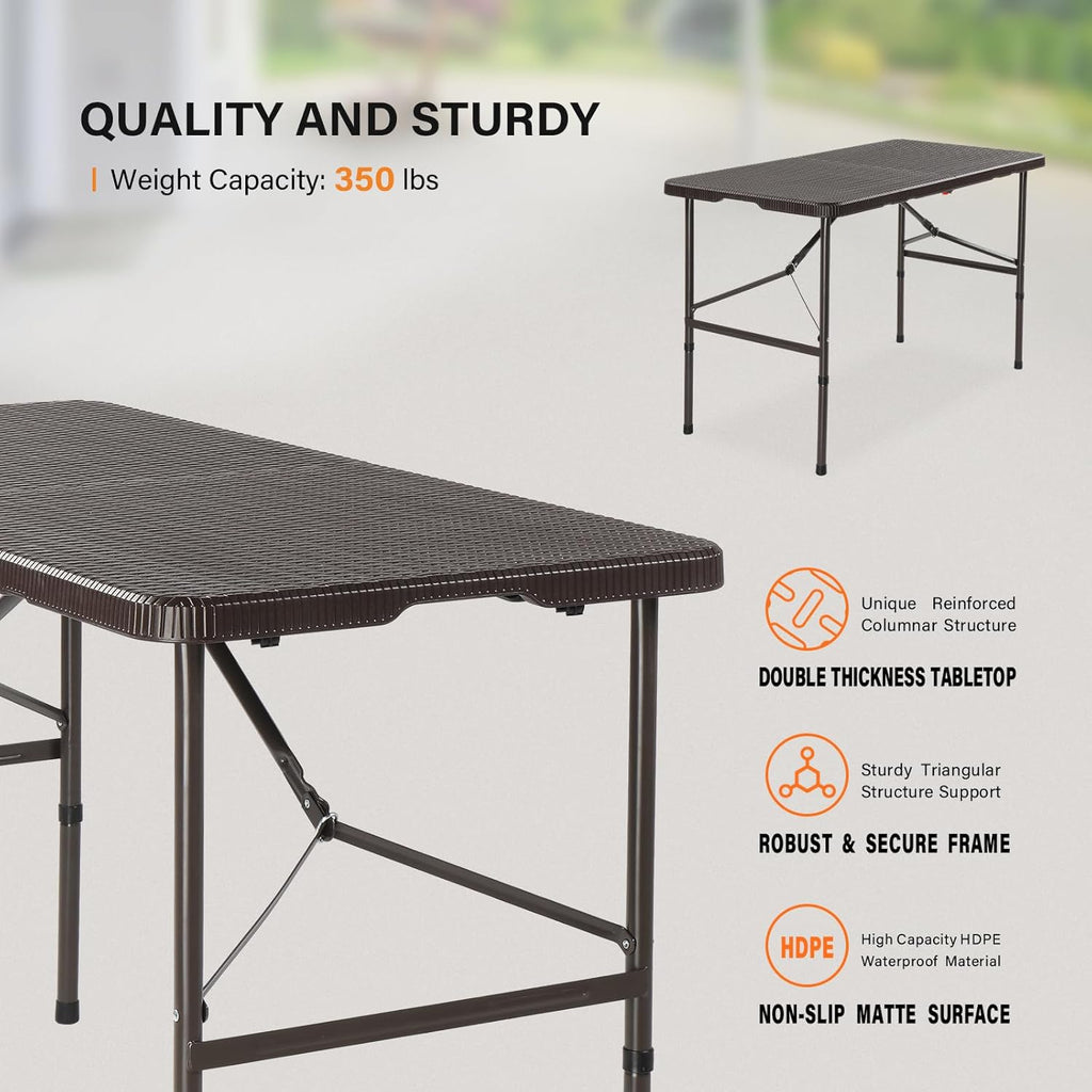 VINGLI 4 FT Plastic Folding Camping Table, Portable in/Outdoor Party Picnic Dining Desk,Garden Soccer Multipurpose Entertaining Activities, Brown