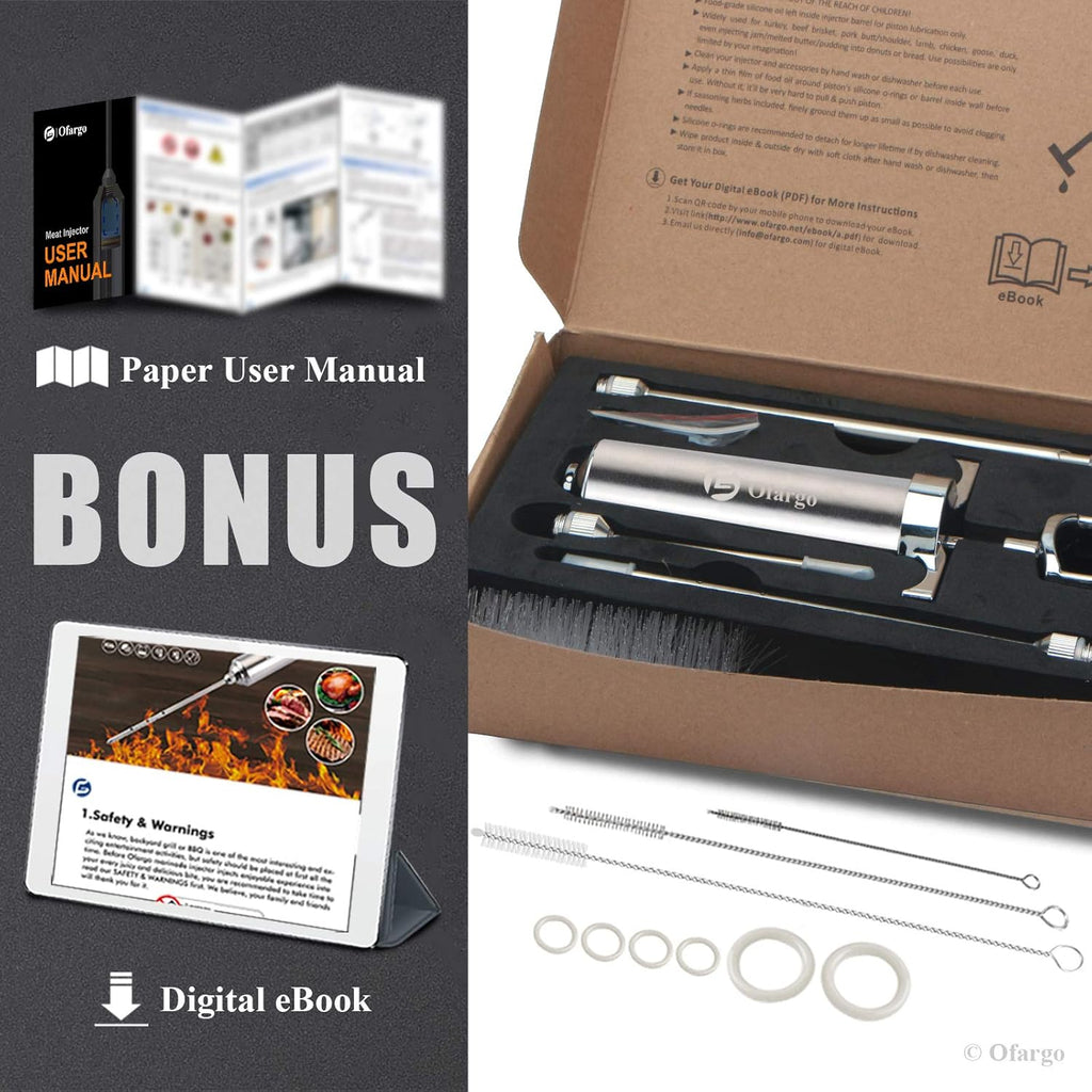 Stainless Steel Meat Injector Syringe Kit with 4 Marinade Needles for BBQ Grill Smoker, 2-oz Large Capacity, Both Paper User Manual and E-Book Recipe