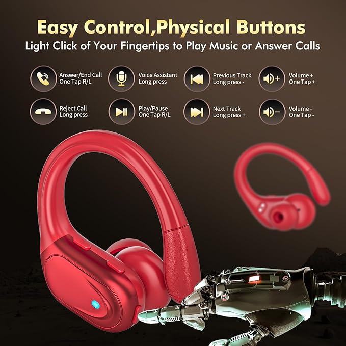 Wireless Earbuds, Sports Bluetooth Headphones, 80Hrs Playtime Ear Buds with LED Power Display, Noise Canceling Headset, IPX7 Waterproof Earphones for Workout/Running (Red)