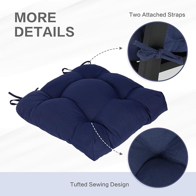 Aoodor 19" x 19" x 5" Tufted Outdoor Chair Cushions, Water Resistant & Fade Resistant Polyester Dining Chair Pads with 2 Straps for Patio Furniture, Set of 2