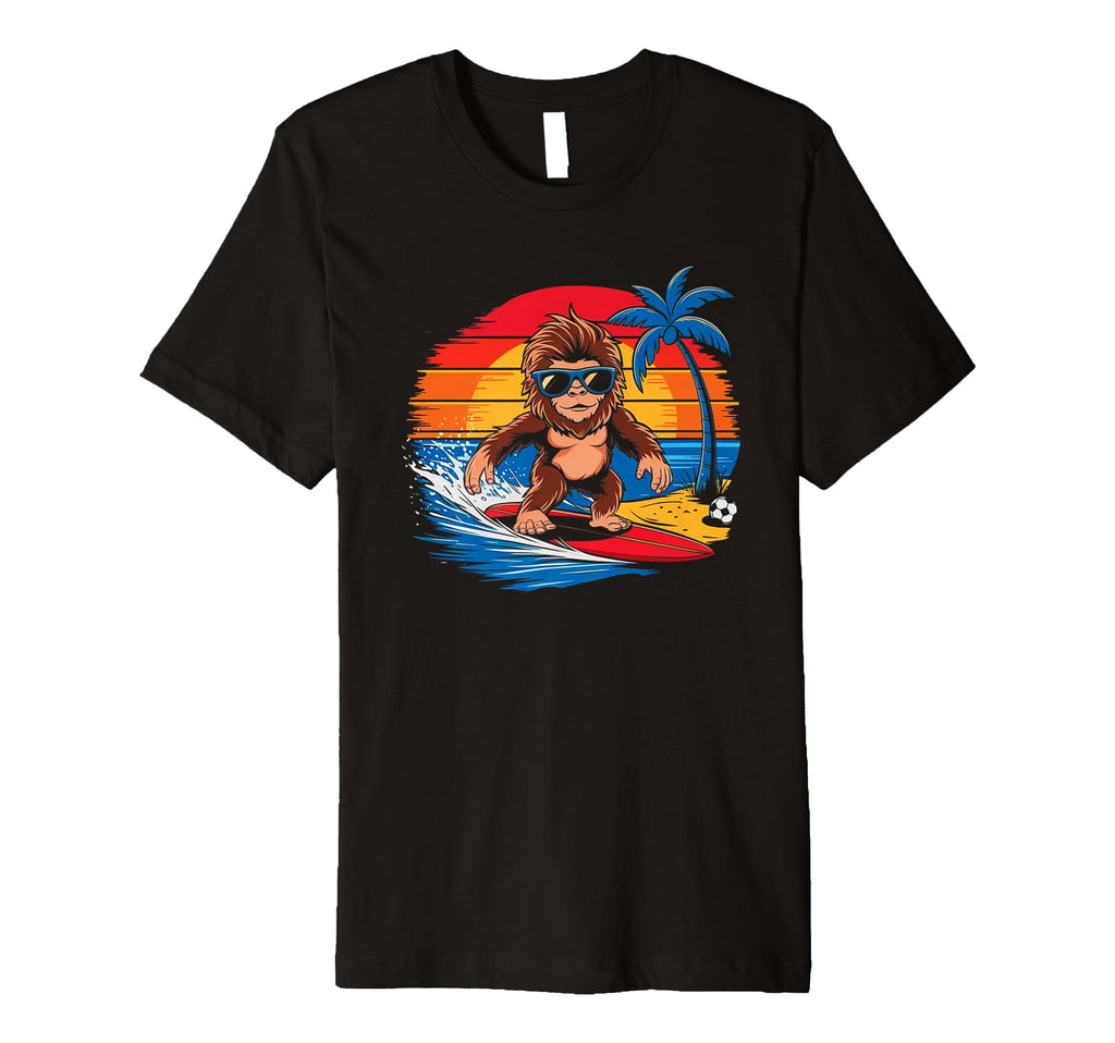 Funny Bigfoot Surfing Sunglasses Soccer T-Shirt - Graphic Print Men Women