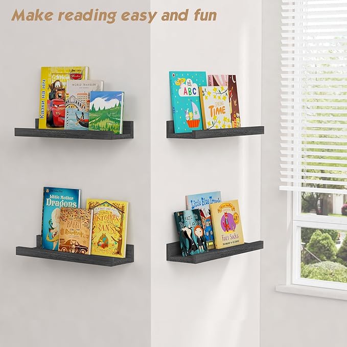Forbena Black Floating Shelves for Wall with Lip Set of 4, Small Picture Ledge Shelf for Living Room Bedroom Books, Wood Wall Mounted Shelves for Bathroom Decor Entryway Kitchen Storage (Black)