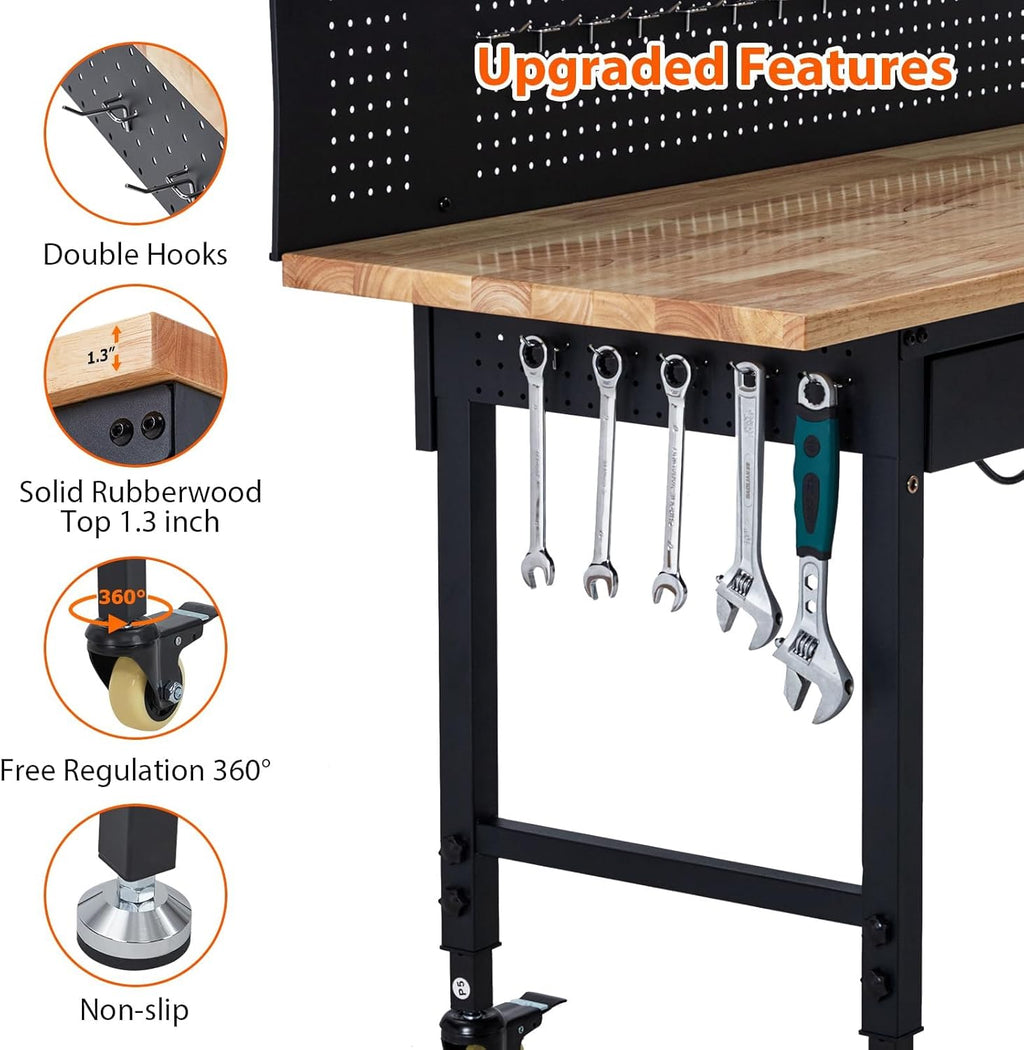 60'' Adjustable Workbench, Heavy Duty Workbench with Drawer and Backplate, 2000 LBS Capacity Work Table with Power Outlet and Lockable Wheels, Suitable for Office, Garage, Workshop
